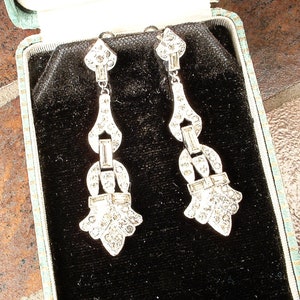 Vintage 1940s Art Deco French Paste Rhinestone Long Flapper Dangle Earrings, Silver Drop Chandelier1920s Bridal/Wedding Screw On  Baguette