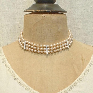 Vintage Art Deco Glass Pearl Choker Necklace, Champagne Ivory Bridal Wedding Silver Rhinestone Multi 3 Strand 1940s Something Old Gift Three