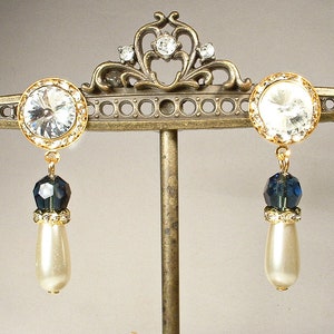 Vintage Art Deco Glass Ivory Pearl Sapphire Rhinestone Dangle Earrings,  Navy Blue Bridal/ Wedding Gold Paste Drop 1920s Flapper Jewelry