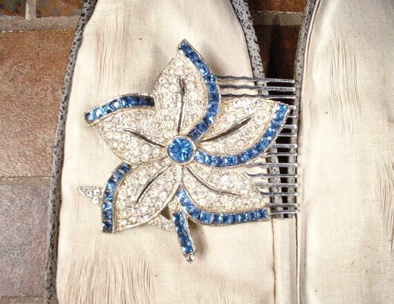 Antique 1930s Sapphire Blue Bridal Hair Comb/Dres… - image 5