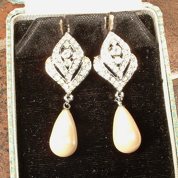 Vintage Ivory Pearl Rhinestone Dangle Earrings, Art Deco