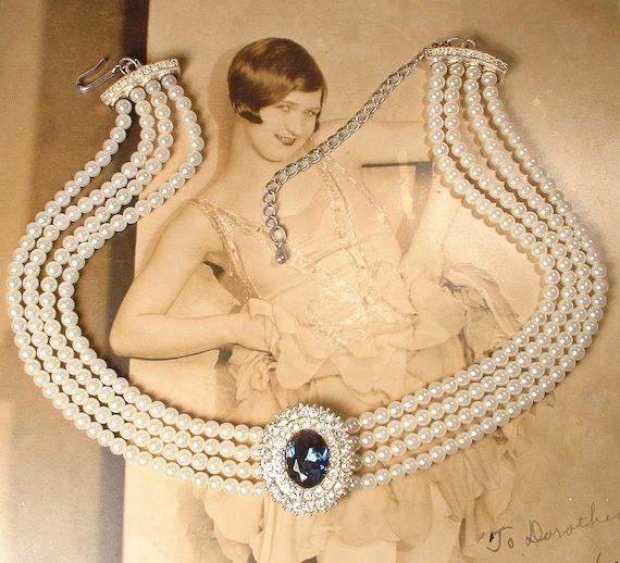 Vintage Sapphire Rhinestone off White/ivory Glass Pearl