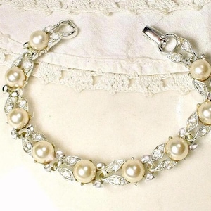 Vintage Art Deco Pearl Bracelet,Bridal/Wedding Rhinestone Champagne Ivory Glass Pearl, Silver Link LISNER Something Old