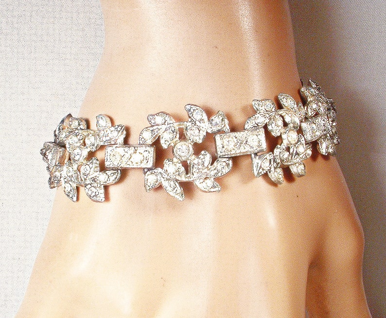 Antique Art Deco Paste Rhinestone Bridal Bracelet, Vintage 1930s Wide Crystal Leaf Link Bracelet, 1920s Wedding Great Gatsby/Rustic Chic image 3
