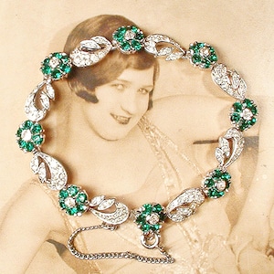 Vintage Emerald Rhinestone Art Deco Bracelet, 1940s Silver Green Crystal Bridal Tennis,Gatsby Flapper 1920s Wedding Something Old Gift Small
