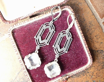 Art Deco Rhinestone Dangle Earrings, Flapper Gatsby Vintage Wedding Long Square Clear Crystal Antique Silver Bridal Drops,  1920s Jewelry