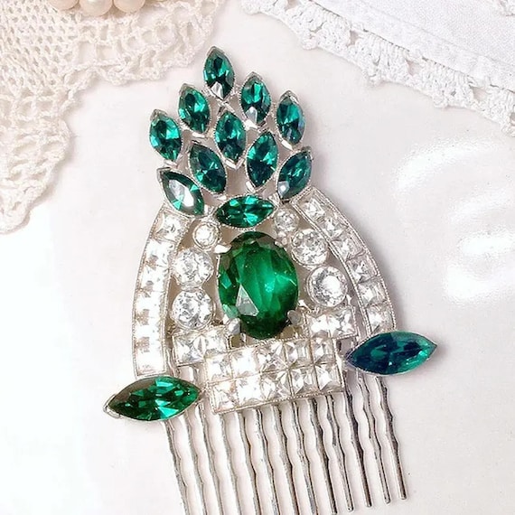 Vintage Art Deco Emerald Green Hair Comb, Rhinestone Antique 