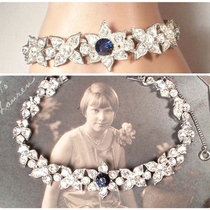 PRISTINE Antique Art Deco Navy Sapphire Rhinestone Bracelet,Vintage 1920s Wedding Bridal Link,Silver Paste Gatsby Flapper Something Blue Old