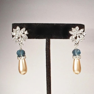 Art Deco Champagne Pearl Navy Rhinestone Dangle Earrings,Sapphire Crystal Bridal Silver Flapper 1920s Vintage Gatsby Wedding Something Blue