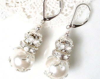 Vintage Lacy Ivory Pearl & Clear Rhinestone Ball Silver Leaf Bridal Dangle Earrings, Drop Earrings Bridesmaids Jewelry Gifts,White Wedding