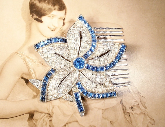 Antique 1930s Sapphire Blue Bridal Hair Comb/Dres… - image 1