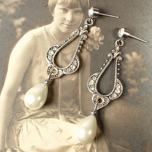 Vintage Art Deco/Nouveau Pearl Bridal Earrings, 1920s Flapper Pave Rhinestone Antique Silver Dangle Ivory Drops, Gatsby Wedding Jewelry image 1