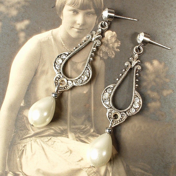 Vintage Art Deco/Nouveau Pearl Bridal Earrings, 1920s Flapper Pave Rhinestone Antique Silver Dangle Ivory Drops, Gatsby Wedding Jewelry