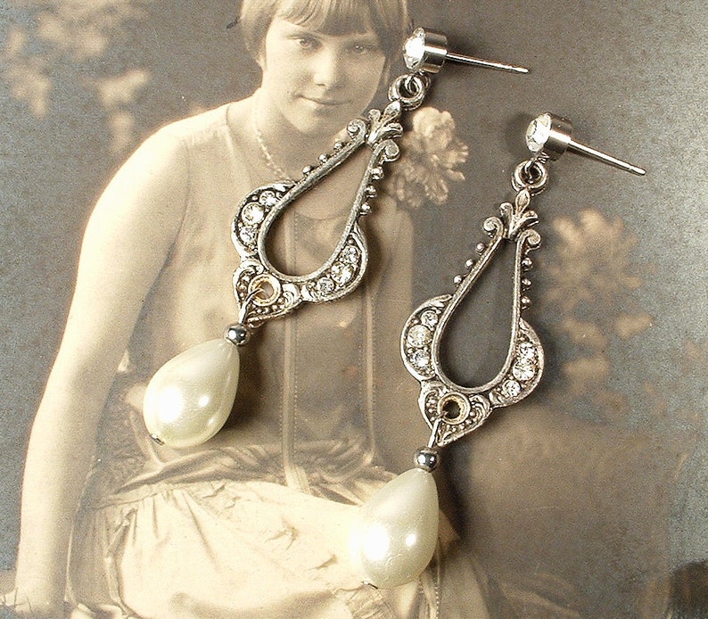 Vintage Art Deco/Nouveau Pearl Bridal Earrings, 1920s Flapper Pave Rhinestone Antique Silver Dangle Ivory Drops, Gatsby Wedding Jewelry image 1