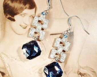 Antike Art Deco Flapper Sapphire baumeln Ohrringe, Braut Navy Blau STERLING Silber Paste Strass Tropfen, 1920er 1930er Jahre Gatsby Vintage Hochzeit