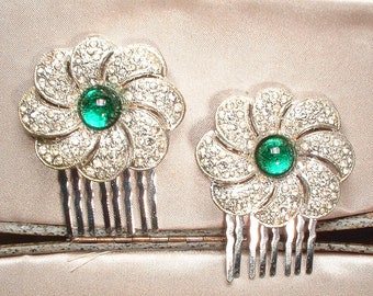 ANTIQUE 1920s Emerald Green Art Deco Hair Comb Pair/1, Vintage 1930s Wedding Dress Clips Hairpiece Rhinestone Bridal Headpiece, Paste Silver