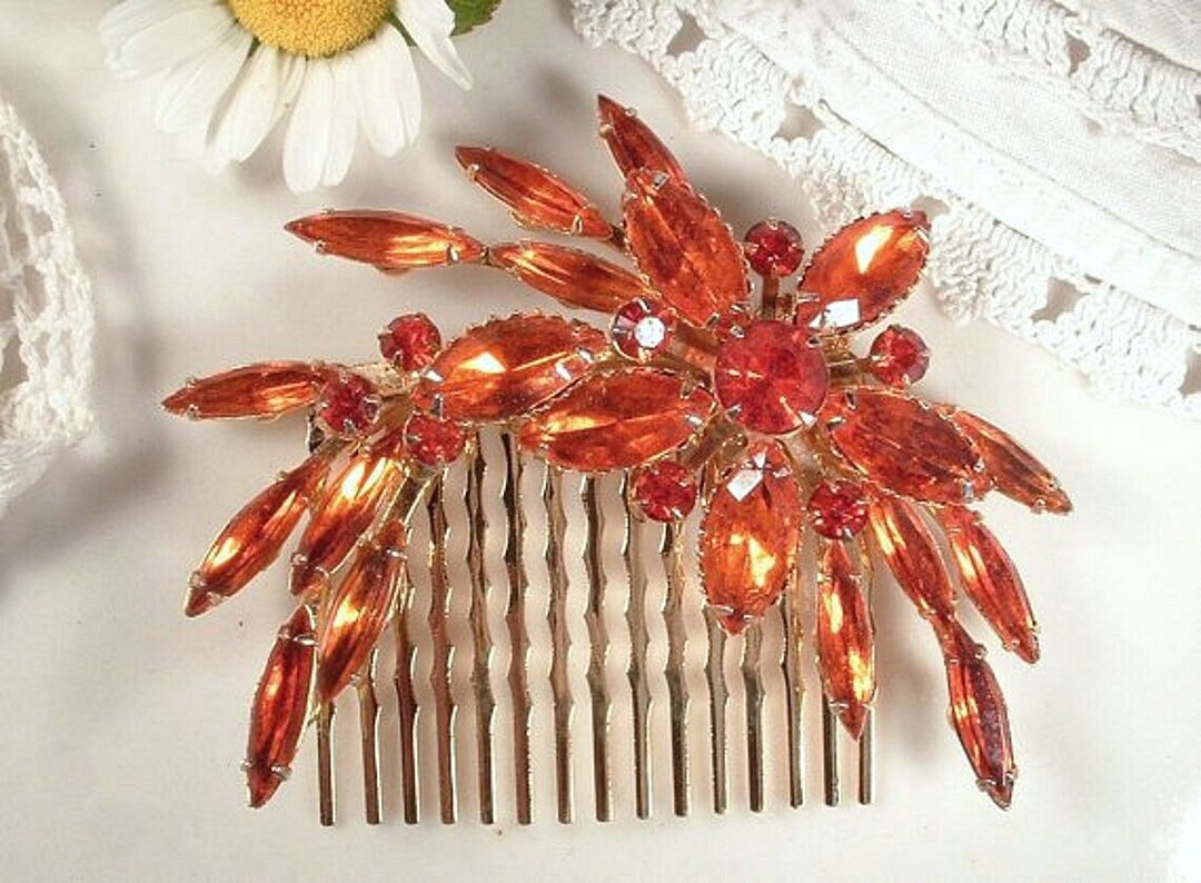 OOAK Vintage Burnt Orange Rhinestone Bridal Hair Comb,large Gold Fall ...