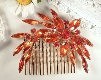 OOAK Vintage Burnt Orange Rhinestone Bridal Hair Comb,Large Gold Fall/Autumn Wedding Headpiece Rust Brooch Head Piece Clip Shower Gift Coral