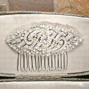 Antique 1920s Hair Comb/Wedding Dress Sash Brooch, LARGE Art Deco Bridal Paste Rhinestone Vintage Gatsby Headpiece Downton Head Piece