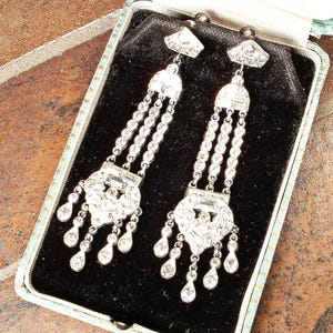 ANTIK 1920-tals Art Deco-örhängen, Långa, Vintage-hängen med strass, Gatsby Flapper-örhängen från 1920-talet, Brud-/Bröllopshänge med skruvlås, Glamorös present