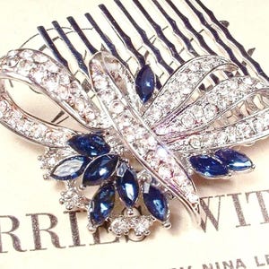 Navy Sapphire Bridal Hair Comb, Art Deco Silver Rhinestone,1920s Gatsby Wedding Headpiece Something Blue Shower Gift, Head Piece Slide Clip