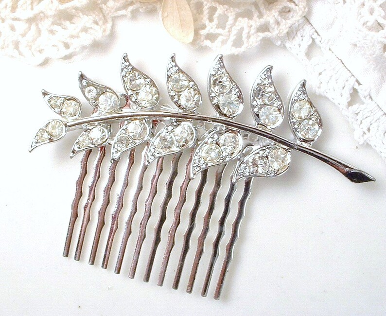 Art Deco Clear Pave Rhinestone Silver Fern Brooch or Hair Comb Vintage Bridal Leaf Hairpiece or Sash Brooch Woodland Wedding Grecian 1920s