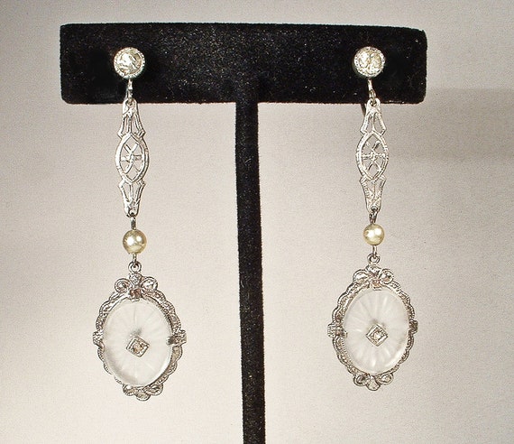 ANTiQUe 1920s DIAMOND Camphor Glass Dangle Earrin… - image 2