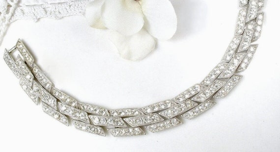 Vintage Art Deco Bracelet, Silver Paste Crystal R… - image 3