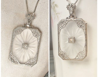 1930s ANTiQUe Camphor Glass Necklace, 1920s Art Nouveau/Deco STeRLiNG SiLVeR Filigree Rhinestone Pendant Bridal,Vintage Wedding Flapper Gift