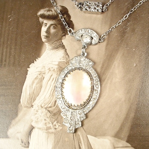 ANTiQue Paste MOTHER of PEARL Pendant Necklace, Art Deco / Nouveau 1920s Wedding/Bridal Rhinestone Ivory, Silver Pot Metal Vintage 1930s MOP