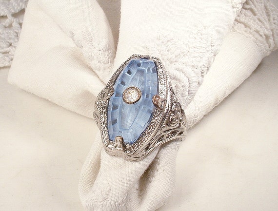 Antique Blue Camphor Glass Ring, 1920s Silver Rho… - image 5