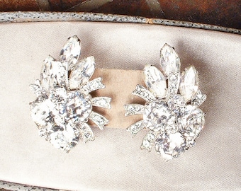 PRISTINE Vintage EISENBERG Crystal Rhinestone Earrings,DRAMATIC Large Clear 1940s Art Deco Old Hollywood Glam Silver Bridal/Wedding Clip On