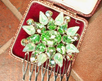 Vintage Green Bridal Hair Comb or Wedding Dress Sash Brooch, Silver Apple Green Rhinestone Flower Head Piece OOAK Hairpiece