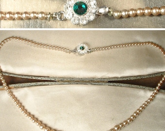 Vintage 1940s EMeRaLD/Champagne Ivory Glass Pearl Necklace Rhinestone Clasp,Art Deco Choker Single Strand Bridal,Wedding Something Old Green