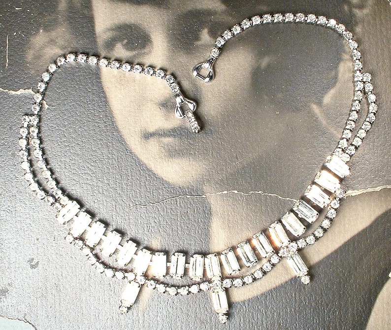PRISTINE Vintage Old Hollywood Glam Rhinestone Necklace,Silver Clear Baguette Crystal Art Deco Bridal Choker, Gatsby Wedding Tennis WEISS image 1