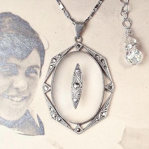Vintage Art Deco Marcasite Camphor Glass Necklace,Silver Rhodium Filigree Rhinestone Pendant 1920s Wedding/Bridal Jewelry Something Old Gift