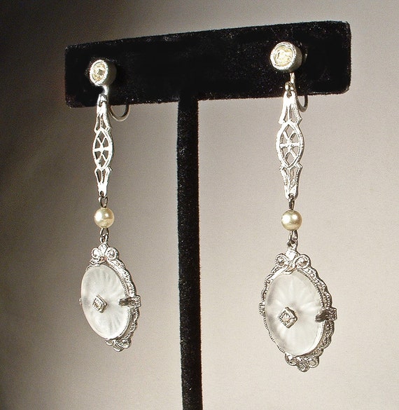 ANTiQUe 1920s DIAMOND Camphor Glass Dangle Earrin… - image 4