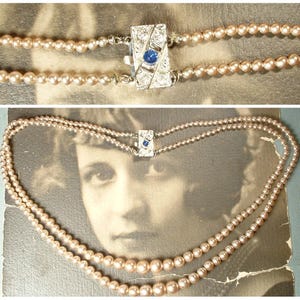 Vintage SaPPHiRe Blue Two 2 Strand Champagne Ivory GLASS Pearl Necklace, 1940s Bridal/Wedding Silver Navy Rhinestone, Art Deco Something Old