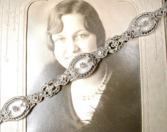 PRiSTiNe Art Deco Marcasite Camphor Glass Bracelet,Vintage JUDITH JACK STeRLiNG SiLVeR Rhinestone Bridal Edwardian Gatsby 1920s Wedding Gift