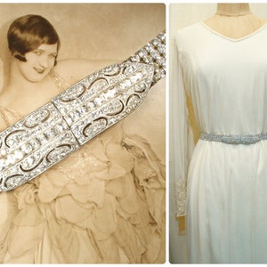 ANTIQUE Art Deco Rhinestone Bridal Belt, Vintage 1930s Wedding Dress Sash,1920s Gatsby Flapper Belt/Buckle, Silver Crystal SIZEABLE image 1