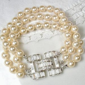 Vintage KJL Art Deco Rhinestone/Ivory Glass Pearl Bracelet,3 Multi Strand Silver Gatsby Flapper 1920s Wedding Large Lt. Champagne PRISTINE