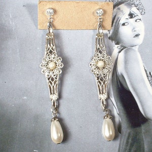 Vintage Art Deco Ivory Pearl Dangle Earrings,Long Silver Filigree Rhinestone Glass Pearl Drop Flapper 1920s Bridal/Wedding Statement Gift image 7