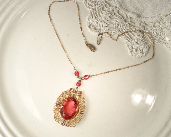 Antique Pink Glass Crystal Filigree Necklace, Vau… - image 7