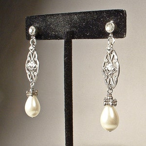 Vintage Art Deco Marcasite Ivory Pearl Earrings, Antique STeRLiNG SiLVeR Rhinestone Glass Pearl Bridal Dangle,1920s 1930s Wedding Long Drop image 5