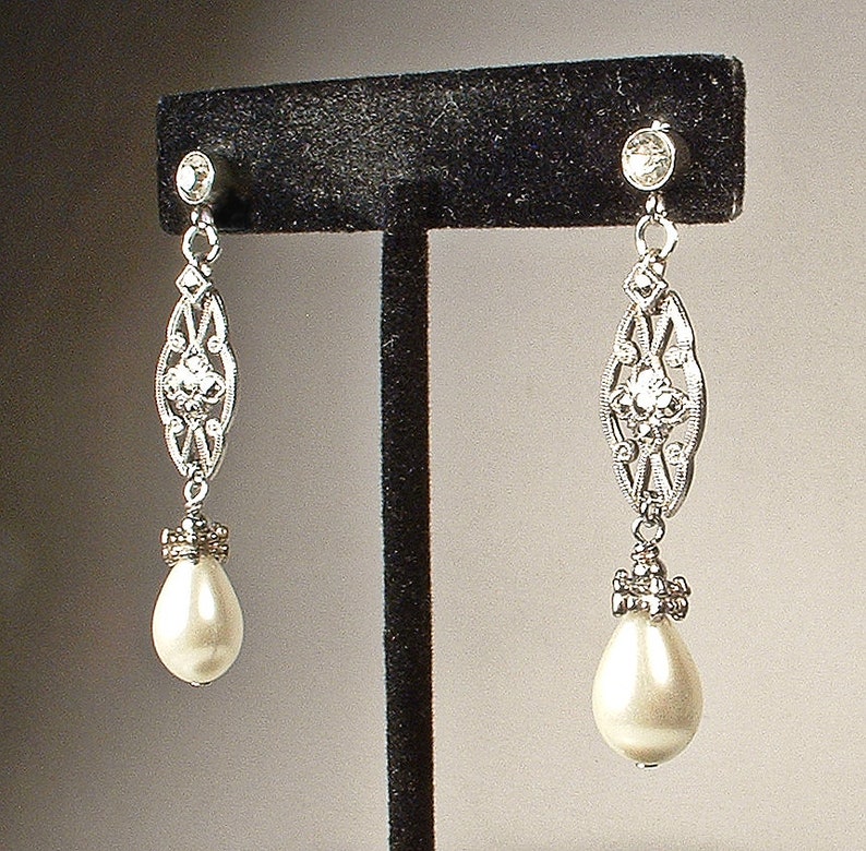 Vintage Art Deco Marcasite Ivory Pearl Earrings, Antique STeRLiNG SiLVeR Rhinestone Glass Pearl Bridal Dangle,1920s 1930s Wedding Long Drop image 5