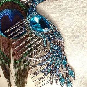 Turquoise Blue Rhinestone Peacock Bridal Hair Comb,Teal Aqua Bird Silver Brooch Large Headpiece Art Deco Jeweled Hairpiece Wedding Accessory image 2