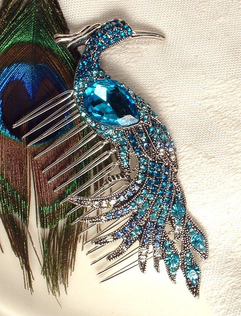 Turquoise Blue Rhinestone Peacock Bridal Hair Comb,Teal Aqua Bird Silver Brooch Large Headpiece Art Deco Jeweled Hairpiece Wedding Accessory image 2