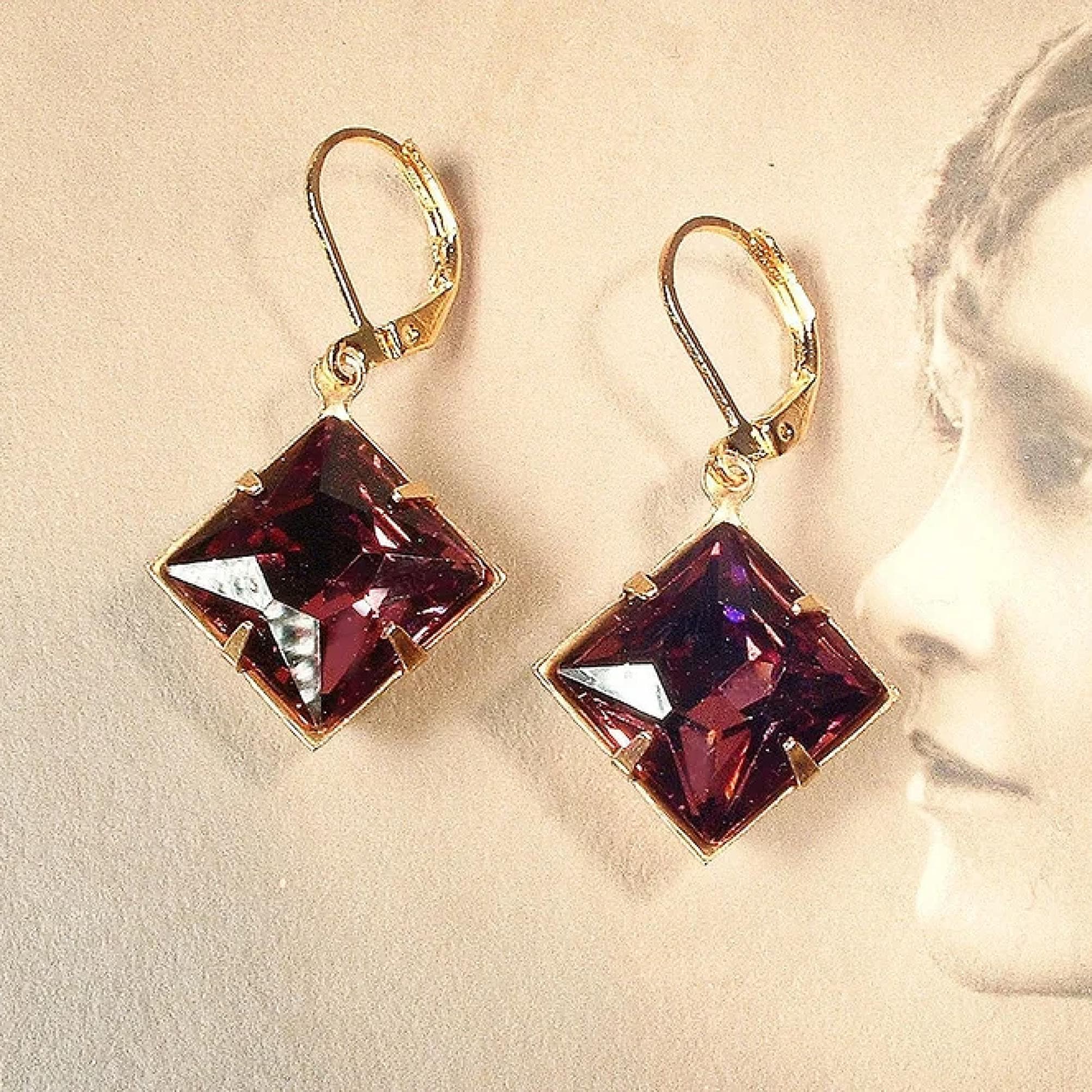 Burgundy Rhinestone Dangle Earrings