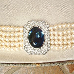 Vintage Sapphire Rhinestone Vanilla White Pearl Choker, Bridal Necklace, Multi 5 Strand Navy Blue Art Deco Designer Princess Diana image 5