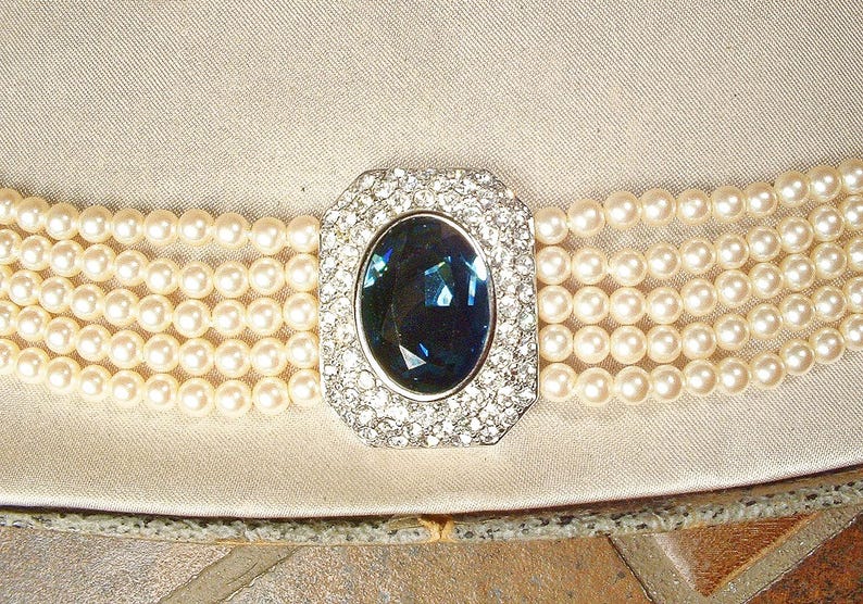 Vintage Sapphire Rhinestone Vanilla White Pearl Choker, Bridal Necklace, Multi 5 Strand Navy Blue Art Deco Designer Princess Diana image 5